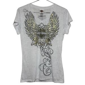 Harley Davidson Women;s Large White Burnout V-Neck Bling Wing Shirt Precision HD